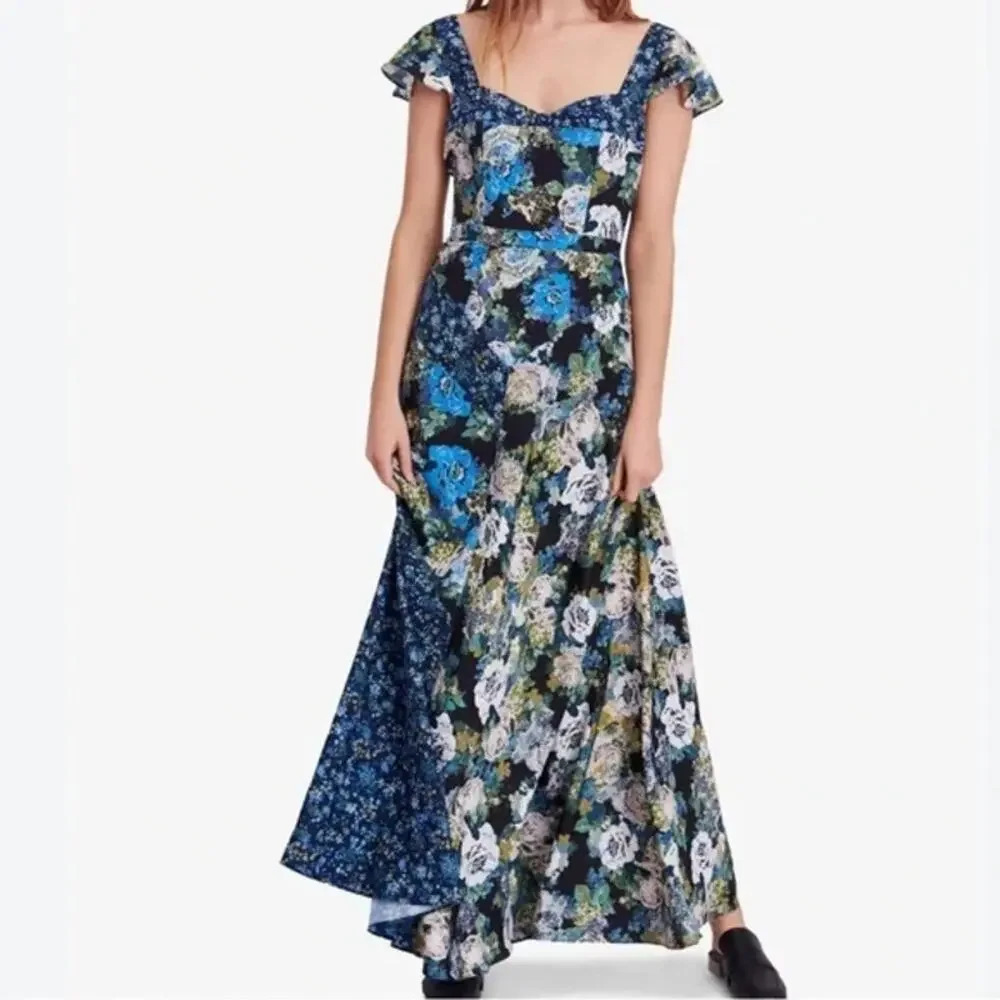 FREE PEOPLE La Fleur Maxi Floral Dress Azure Blue Size 6 Boho Shabby Chic